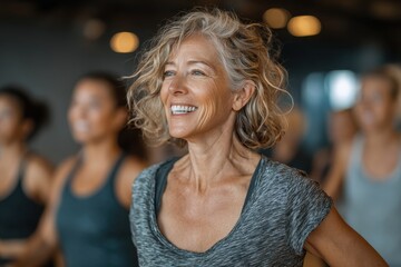 Smiling mature woman in fitness class with others exercising behind. Perfect for health, wellness, active aging, and lifestyle content.