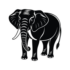 Black elephant illustration with white outlines standing on white background animal wildlife