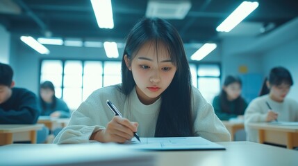Focused East-Asian high school students taking challenging math examination with determined expressions in clean minimalistic classroom, showcasing academic dedication and educational success
