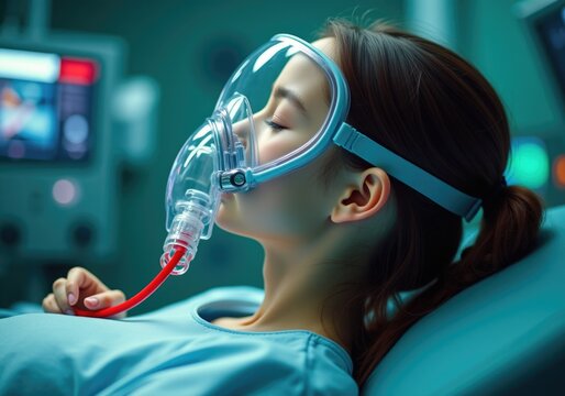 Asian female patient is lying on hospital bed wearing oxygen mask during medical procedure - Powered by Adobe