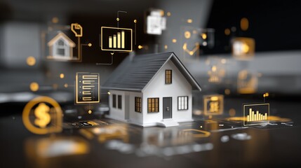 A digital home surrounded by floating icons of mortgage, dollar signs, graphs, and contracts — modern real estate business interface