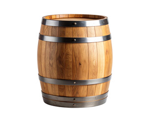 Rustic Wooden Barrel with Metal Hoops &ndash; Front View on White Background, AI Generated (2)