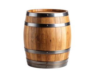 Rustic Wooden Barrel with Metal Hoops – Front View on White Background, AI Generated (2)