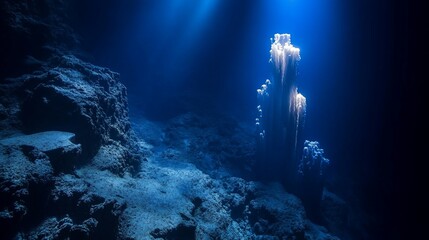 Obraz premium Underwater Majesty: Sunlit Formations in the Deep Blue Sea Environment
