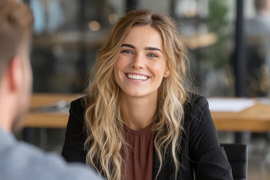 Smiling blonde businesswoman in a meeting, shot from another person's perspective. Perfect for illustrating business concepts, interviews, or positive interactions.