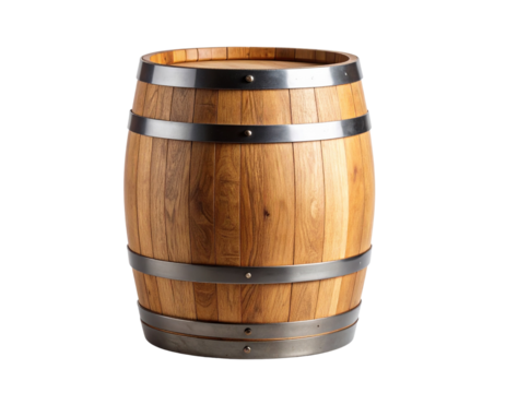 Rustic Wooden Barrel with Metal Hoops – Front View on White Background, AI Generated (2)