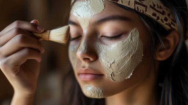 Native American teenager applying natural clay acne treatment with botanical elements in educational skincare moment, showcasing traditional remedies and holistic wellness approaches