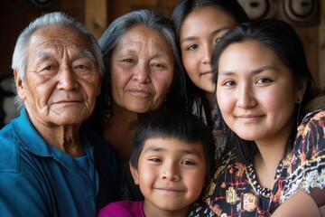 Native American family faces showing genetic similarities in multi-generational portrait with connection theme showcasing family heritage concept and cultural lineage bonds