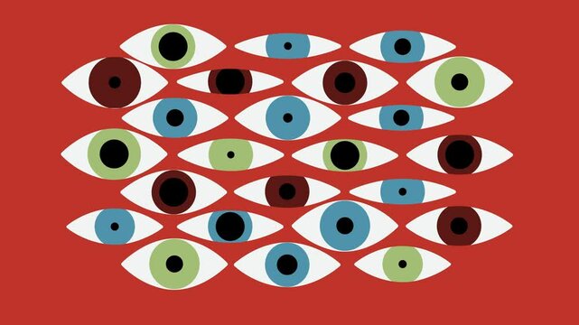 Colorful stylized blinking eyes create a sense of being watched
