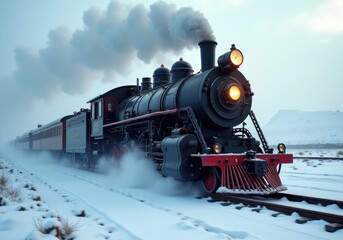 Naklejka premium Old steam train running on snowy railway during winter
