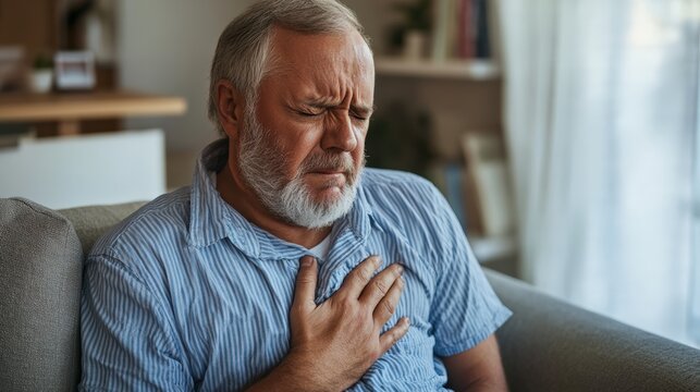 Man experiencing heart attack emergency clutching chest in pain while sitting on home couch demonstrating urgent cardiac crisis and need for immediate medical attention. Serious heart attack symptoms.