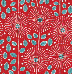 Vibrant Red Fabric With White "Firework" Patterns And Teal Leaves.
