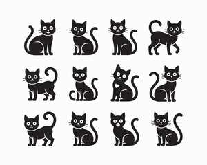 Black cat silhouettes in various poses, isolated on white background. Perfect for logos, decals, apparel design. Elegant, sleek feline figures showcasing minimalist modern art 
