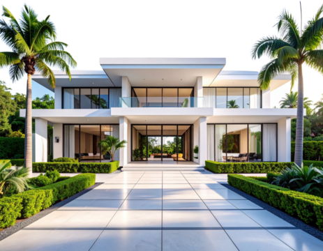 Modern Luxury Villa with Symmetrical Landscaping and Palm Trees – Daylight AI Render