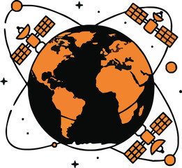 Global communication network depicted with orbiting satellites encircling Earth.