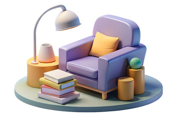 Cozy purple armchair with a lamp and books, isolated on transparent background