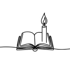 Fototapeta premium Open book with a candle on the side in single line outline vector style 