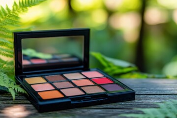 Lipstick and makeup palette artistically displayed on natural wooden background showcasing Pacific Islander beauty concept perfect for cosmetic product marketing and brand advertising