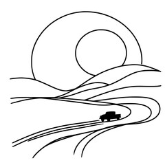 Obraz premium Scenic outline of a truck driving on winding road under the sun - Concept of single line outline vector school 