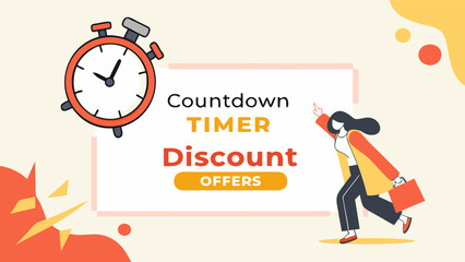 Illustration of a countdown timer with discount offers and a running woman with a briefcase design