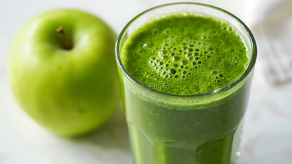 Fresh green apple smoothie with frothy bubbles and a whole green apple