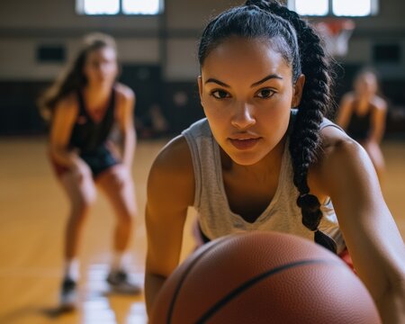Hispanic woman with braided hair dribbling a basketball on an indoor court, surrounded by teammates, captured in motion and showing athletic skill, teamwork, and confidence in a game setting