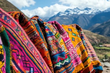 Traditional Peruvian clothing showcasing colorful Andean patterns and ponchos with majestic mountainous landscapes perfect for cultural heritage and tourism marketing