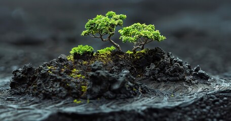 A miniature volcanic island on Black Rock with verdant trees, Generative AI.