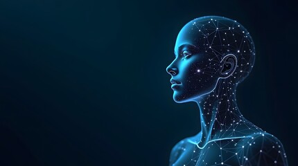 Blue X-ray art of a glamorous woman's head, revealing her elegant facial structure with dark eyes and lips