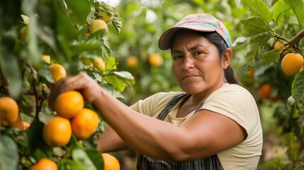 Hispanic woman working in lush orchard picking ripe fruit from trees with abundant greenery background perfect for agriculture and seasonal farming marketing campaigns
