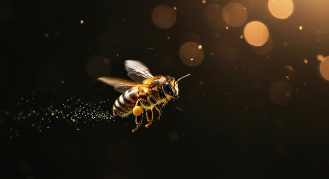 Stunning capture of a honey bee with visible pollen, depicted in flight with a dreamy, out-of-focus light effect