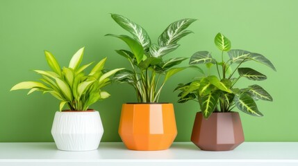 Obraz premium Balanced display of three houseplants in geometric pots with green backdrop