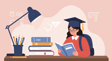 Young Female Graduate Reading Books While Studying at a Desk with Lamp