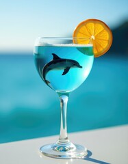 Blue lagoon cocktail with dolphin and orange slice by the sea