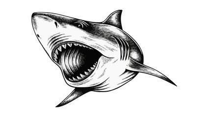 Aggressive Shark Drawing – Open Mouth Black and White Ocean Predator Vector