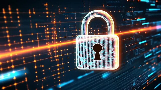 Digital lock symbolizing cybersecurity amidst a vibrant data flow background representing protection - Powered by Adobe