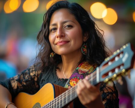 Hispanic woman musician playing acoustic guitar at live music event with intricate instrument details and focused expression showcasing musical talent and artistic performance