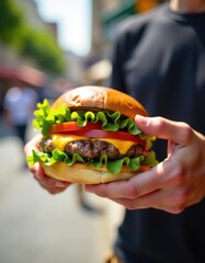 Man holding a delicious cheeseburger with lettuce and tomato