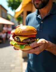 Man holding a delicious cheeseburger with lettuce and tomato slices