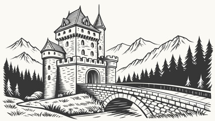 Castle on a Hill Vector Illustration of a Medieval European Landmark