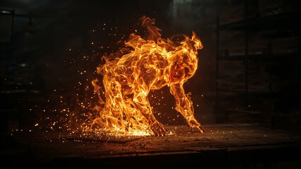 Fototapeta premium A creature engulfed in flames, resembling a canine, appears to be running or leaping forward in a dark, industrial-like setting.