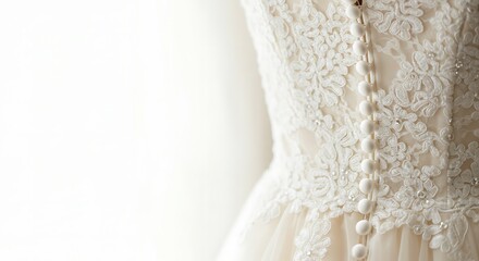 Obraz premium Elegant Wedding Dress with Intricate Lace Embroidery and Pearl Button Details in Soft Natural Light