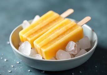 Two refreshing mango popsicles cooling on ice in a bowl