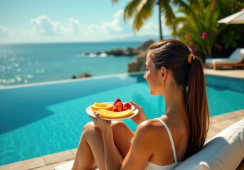 Tourist enjoying fresh fruit by the pool overlooking the ocean