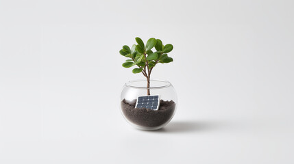Small Plant with Miniature Solar Panel in Glass Terrarium Representing Green Technology