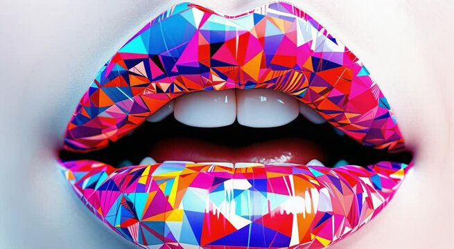 Vibrant geometric lips abstract art close up colorful polygon pattern