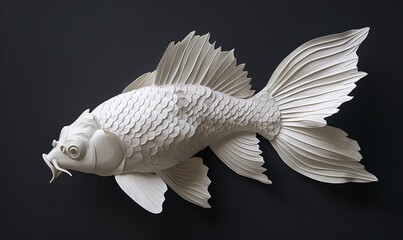 A sophisticated, finely detailed white paper sculpture of a fish, shown artistically on a plain background, Generative AI.