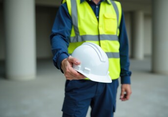 Construction worker holding white hard hat promoting safety on site