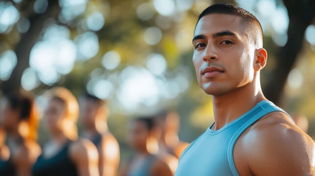 Hispanic fitness instructor leading outdoor boot camp in urban park with commanding presence showcasing group fitness leadership and dynamic outdoor training concepts