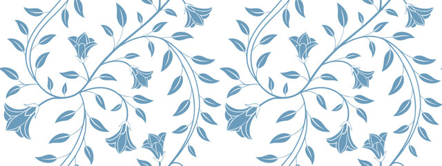 Seamless floral vine pattern with delicate blue bell-shaped flowers and leaves on white background. Elegant botanical vector design ideal for fabric, wallpaper, and surface prints. Romantic and decora © Sk